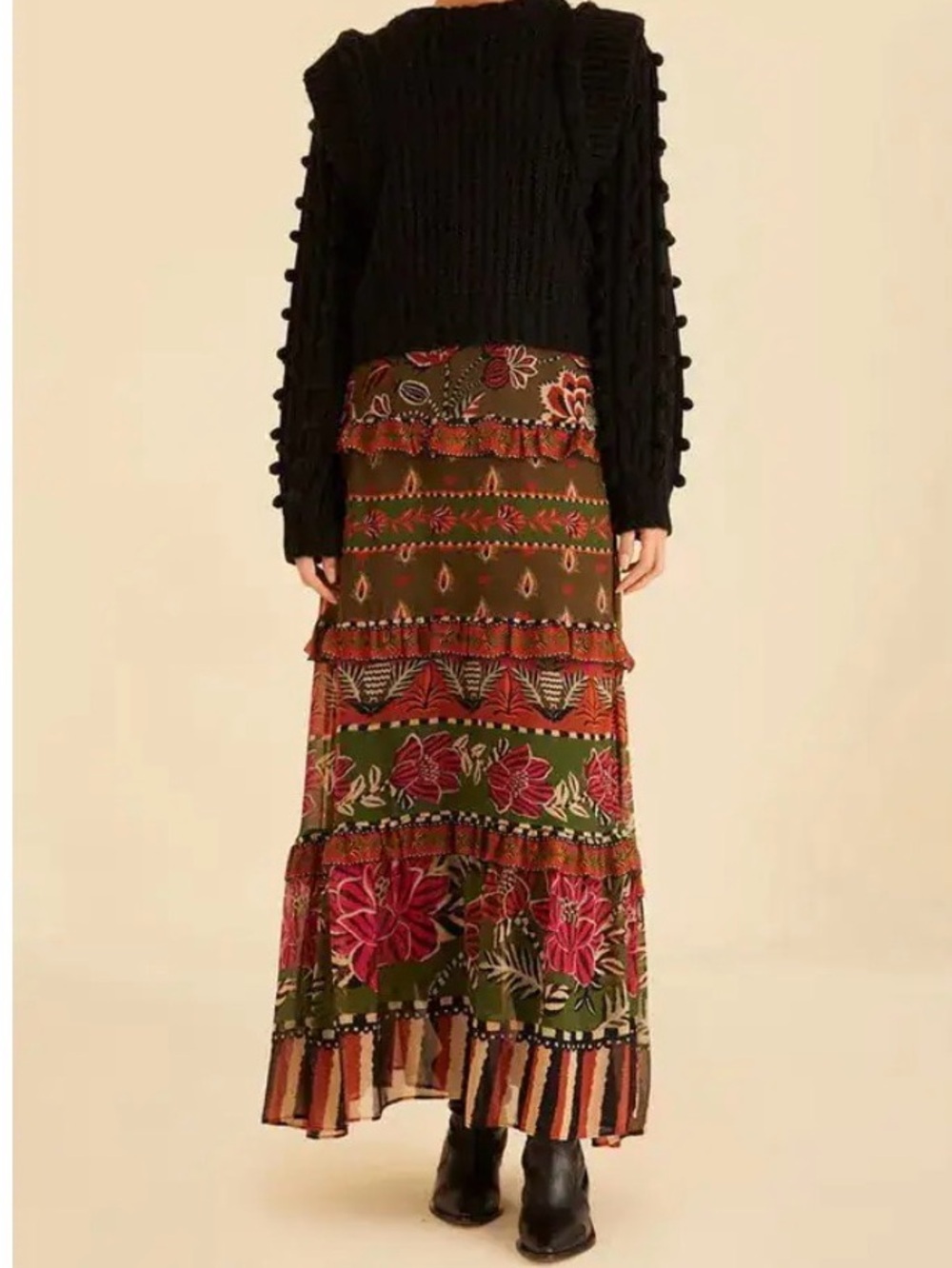 NWT FARM Rio Ainika Floral Garden Maxi Skirt Tiered Maxi Skirt in Olive and Rust - Picture 9 of 12